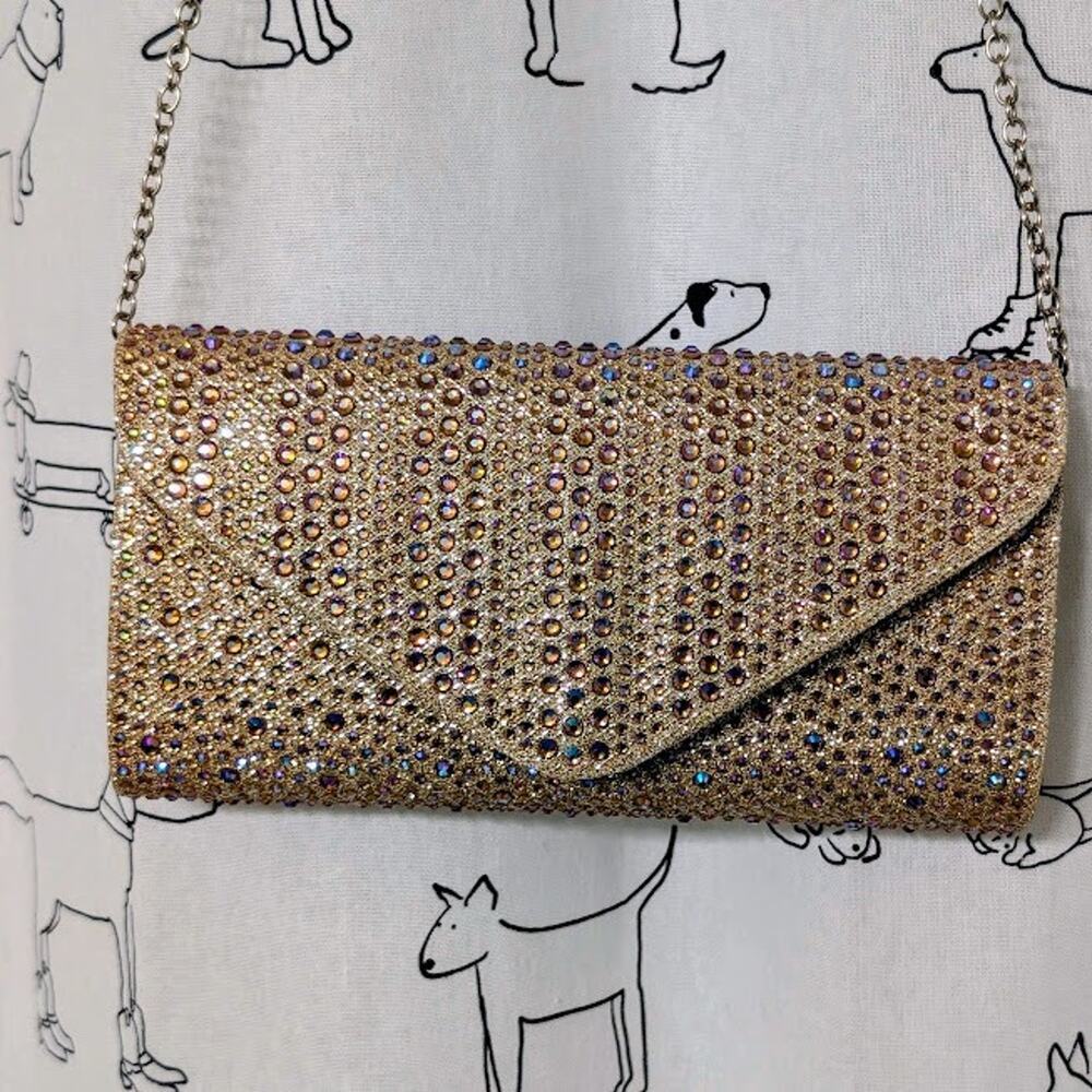 Rhinestone Beaded Gold Sparkle Clutch Bag Detachable Chain Prom Wedding Formal